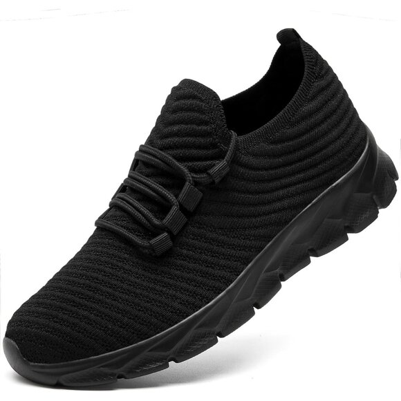 Men's Black Gym Sneaker Running Breathable Lightweight Walking Slip on Shoes - Picture 1 of 6
